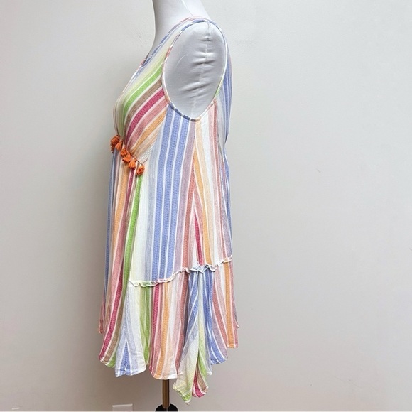 THML Striped Multicolor Pom Pom Fringe Strapless A Line Mini Dress Small - Picture 3 of 7